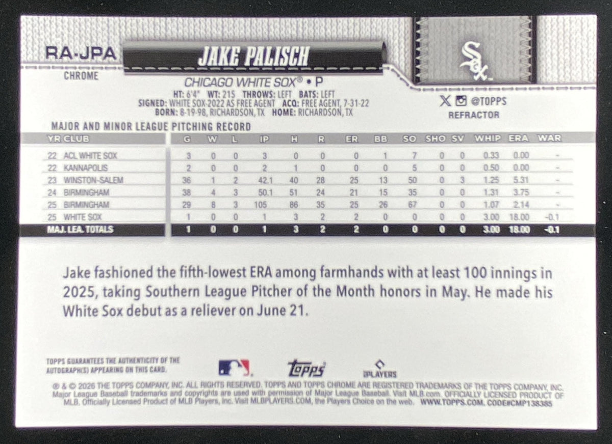 2026 Topps Chrome Jake Palisch #RA-JPA trading card