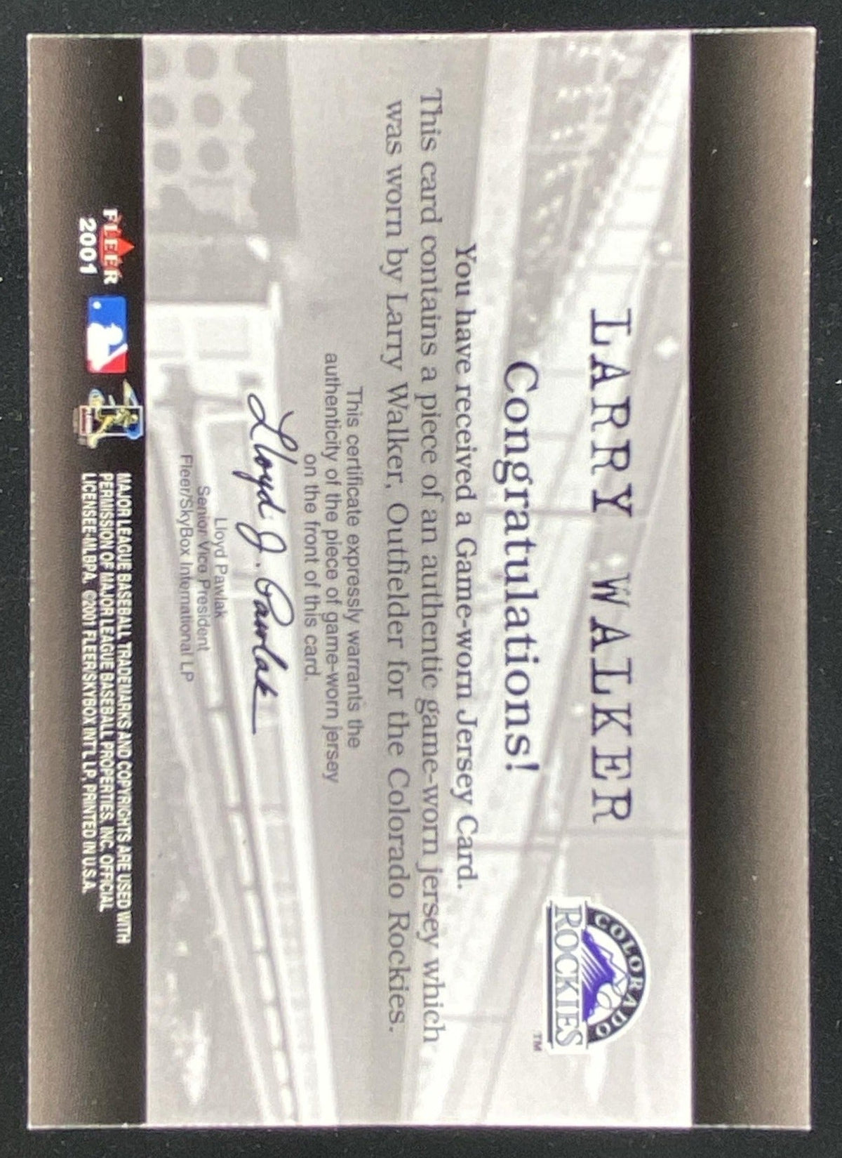 2001 Fleer Genuine Larry Walker trading card