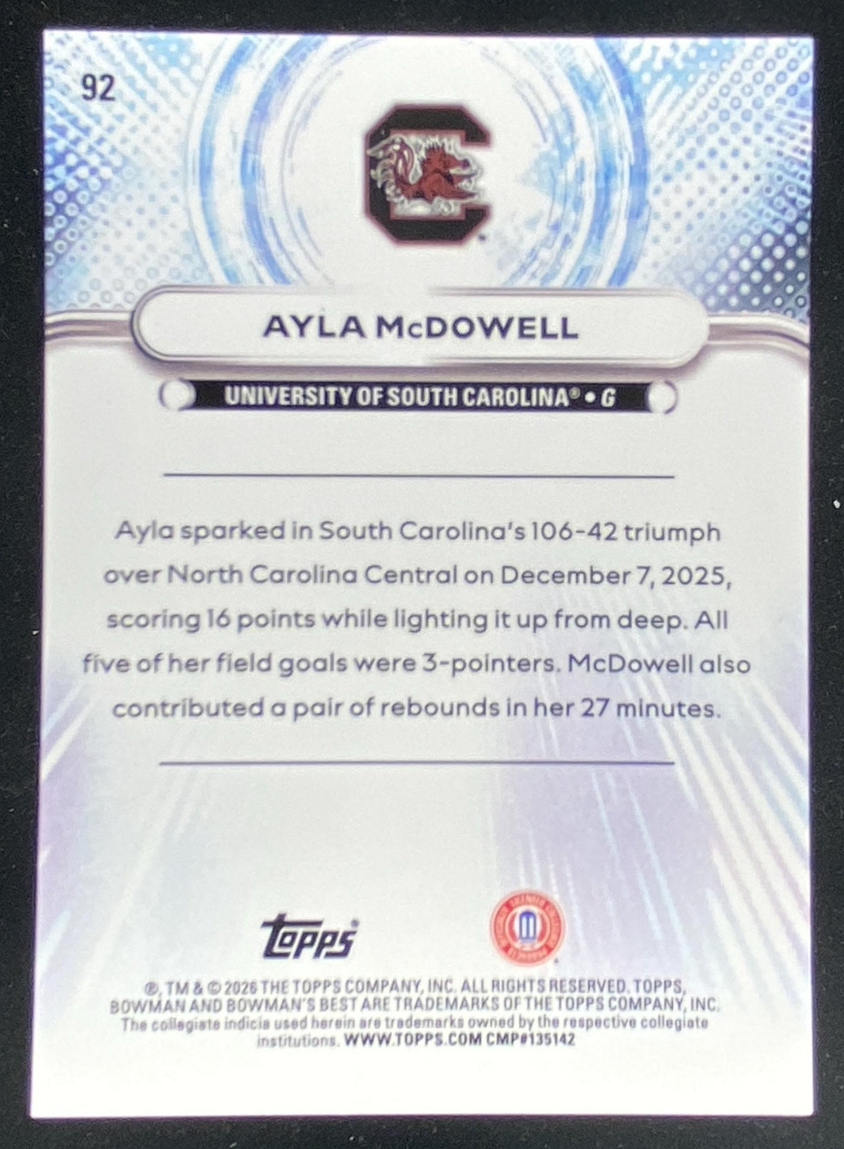 2025 Bowman's Best University Ayla McDowell #92 trading card