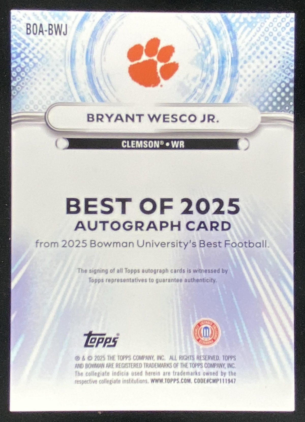 2025 Bowman's Best University Bryant Wesco Jr. trading card