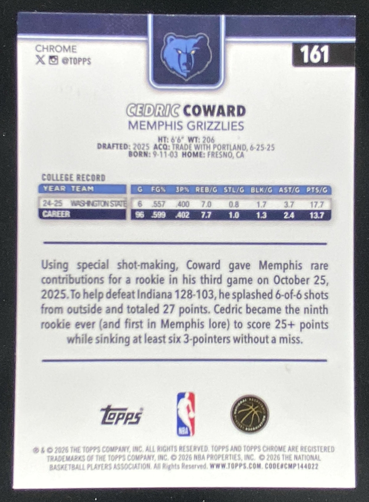 2025 Topps Chrome Update Cedric Coward #161 trading card
