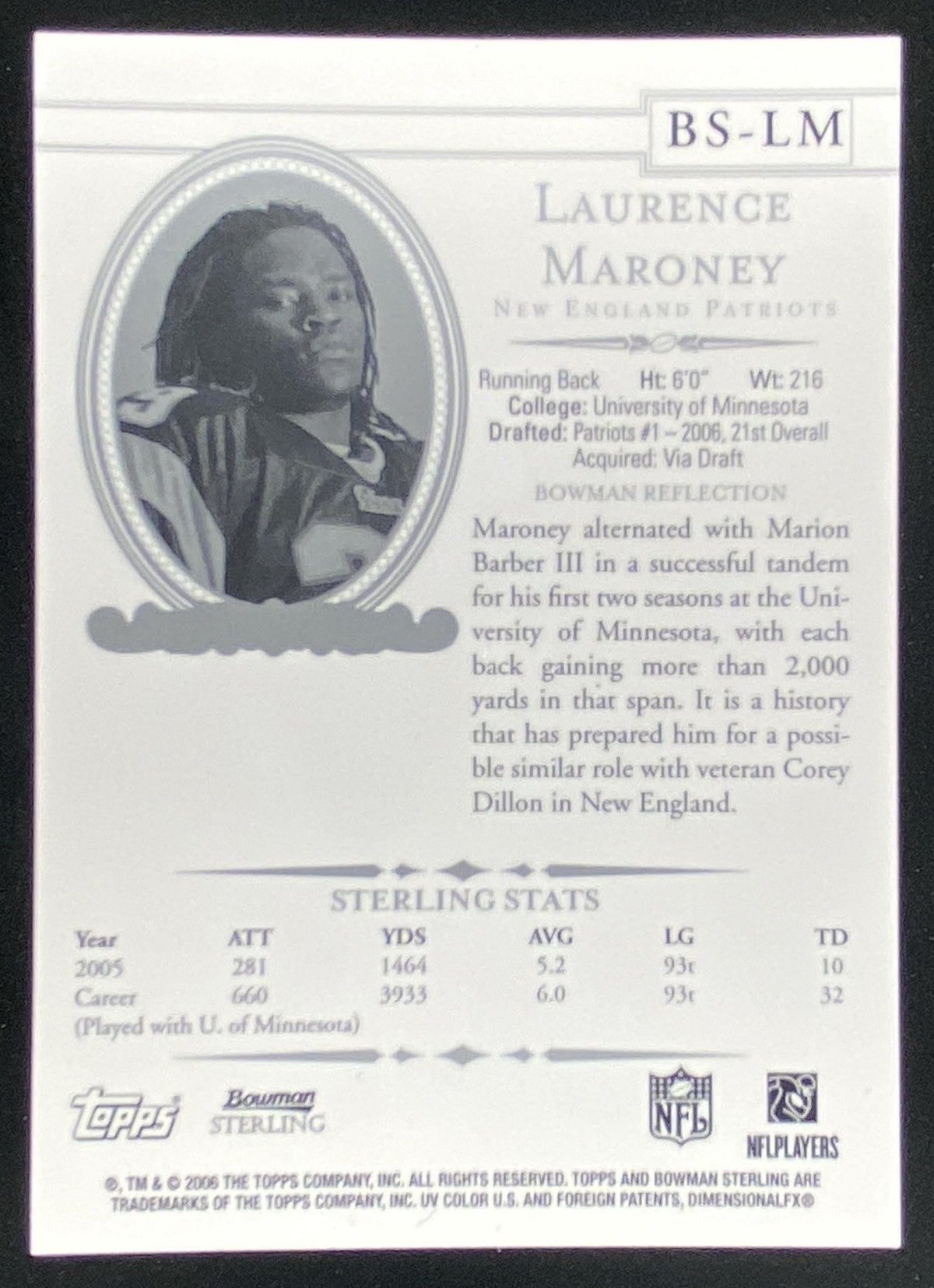 2006 Bowman Sterling Laurence Maroney #BS-LM trading card