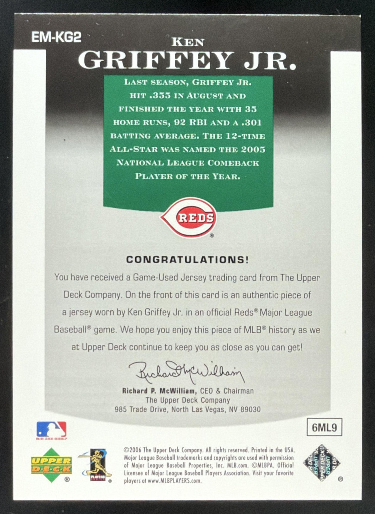 2006 Upper Deck Epic Materials Green Ken Griffey Jr. Jersey /75