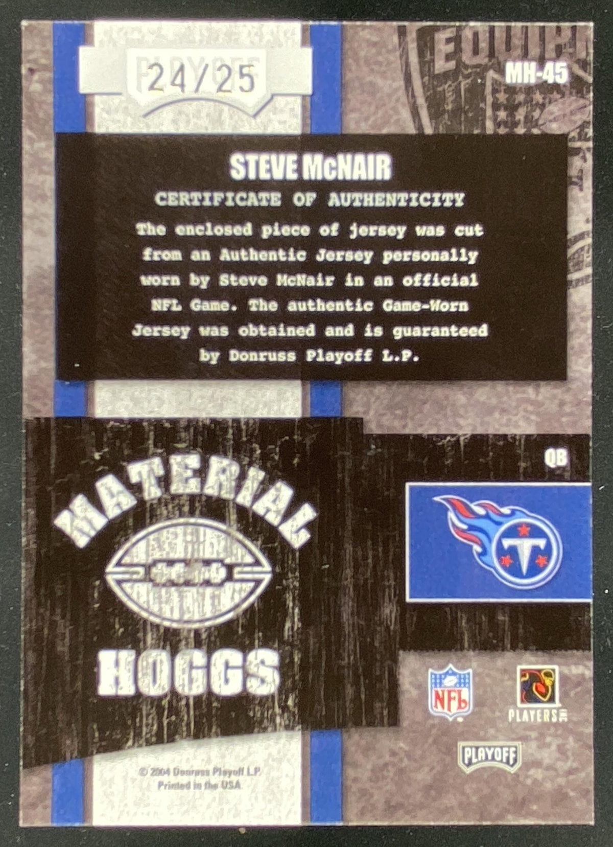 2004 Playoff Hogg Heaven Steve McNair #MH-45 trading card