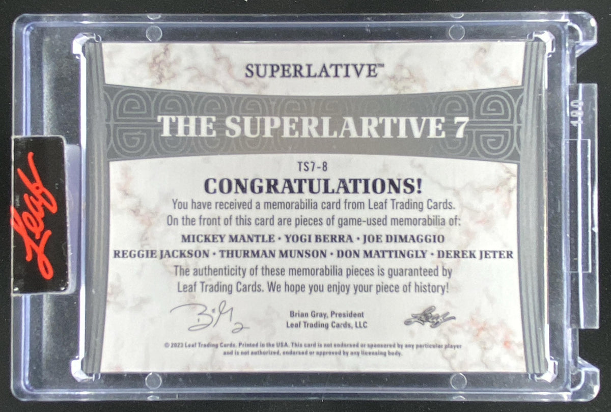 2023 Leaf Superlative Mickey Mantle / Yogi Berra / Joe DiMaggio / Reggie Jackson / Thurman Munson / Don Mattingly / Derek Jeter trading card