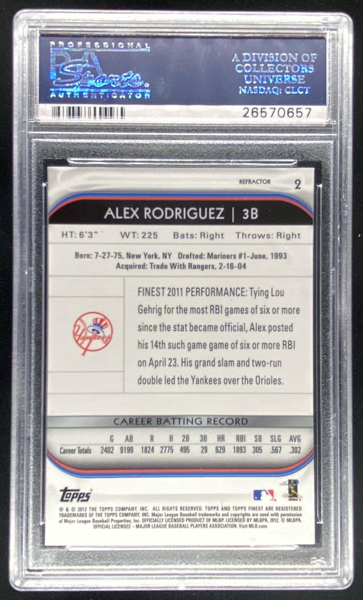 2012 Topps Finest Alex Rodriguez #2 graded PSA 10 trading card