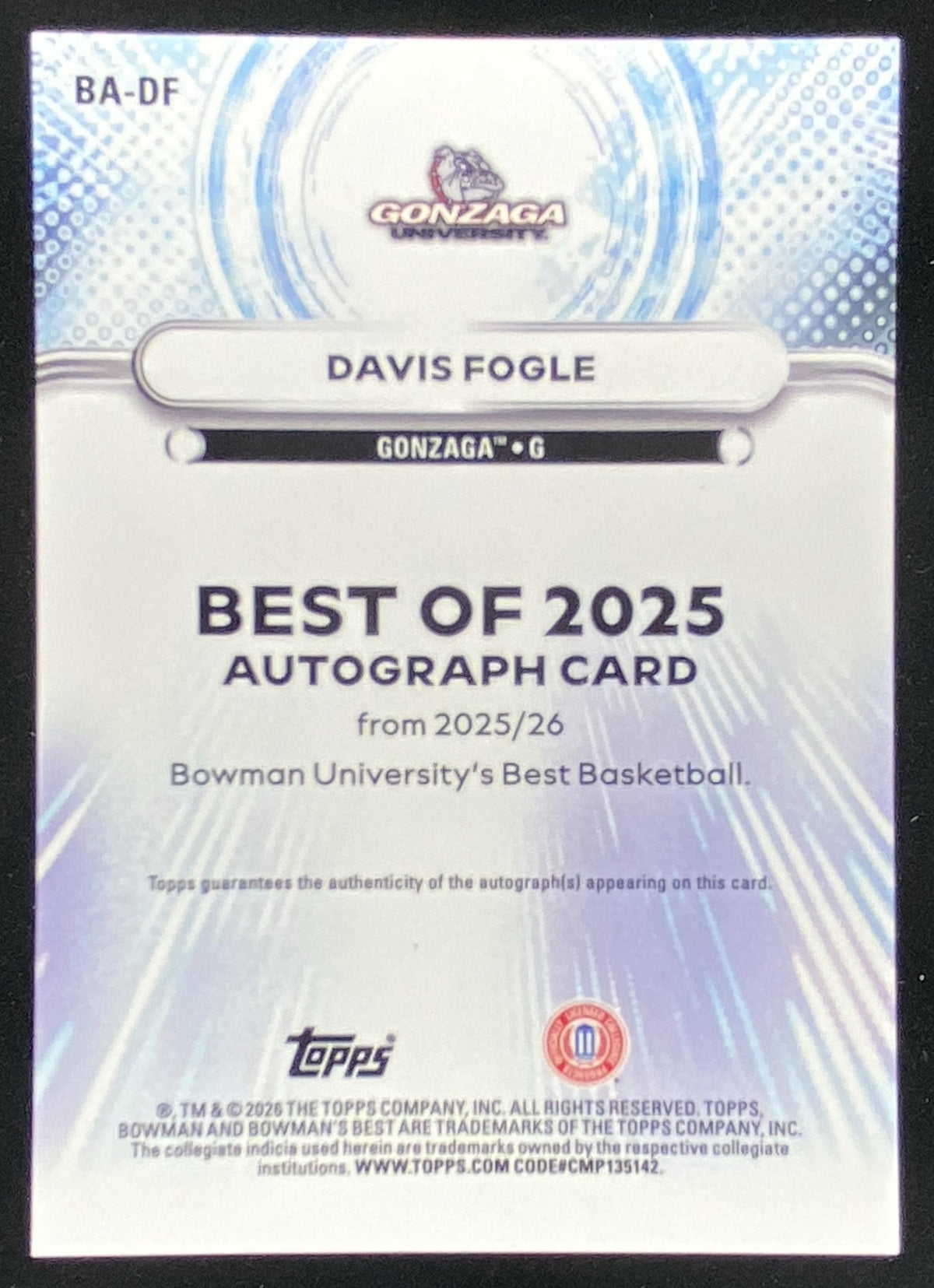 2025 Bowman's Best University Davis Fogle trading card