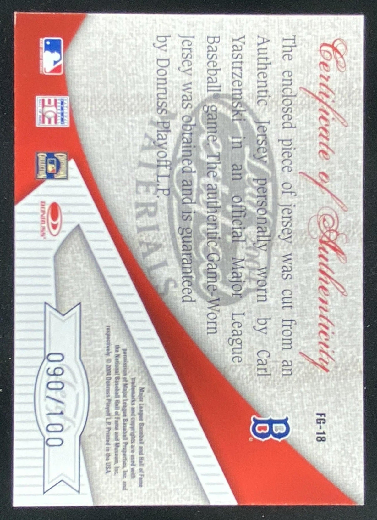 2004 Leaf Certified Materials Carl Yastrzemski trading card