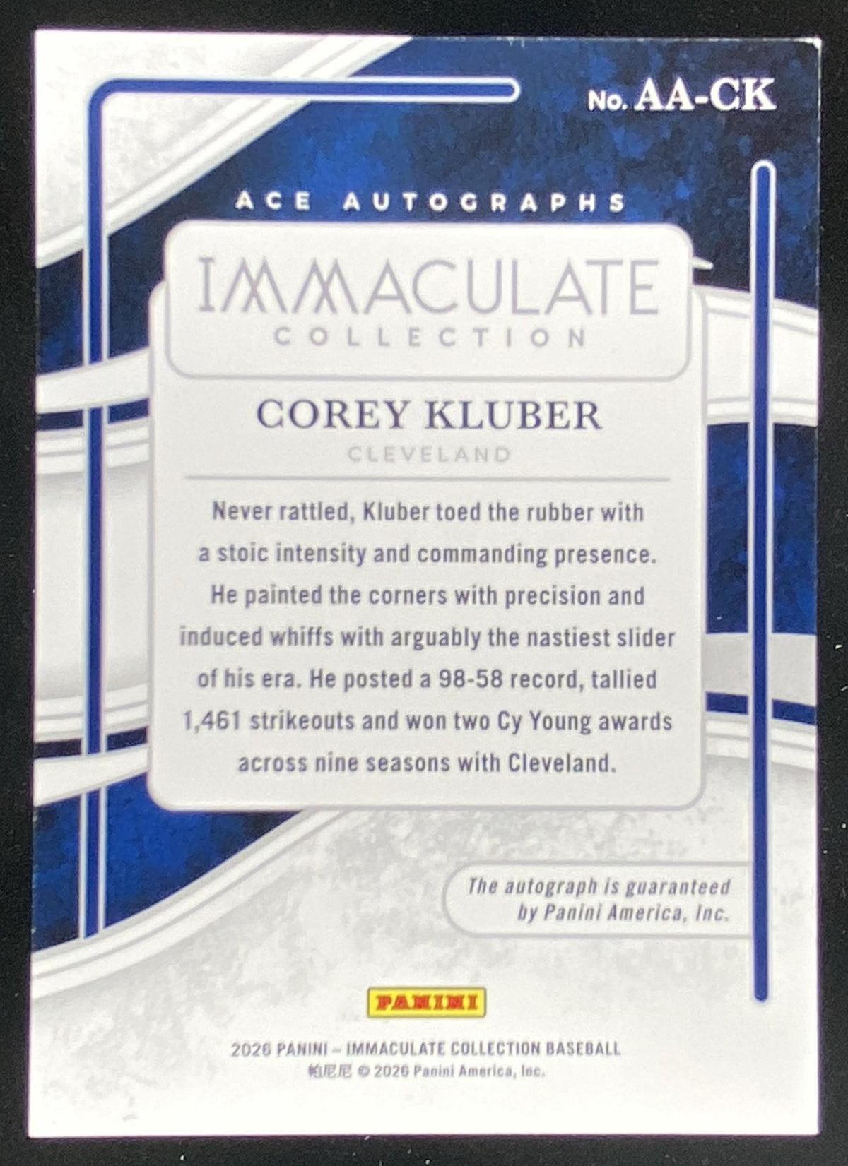 2026 Panini Immaculate Collection Corey Kluber #AA-CK trading card