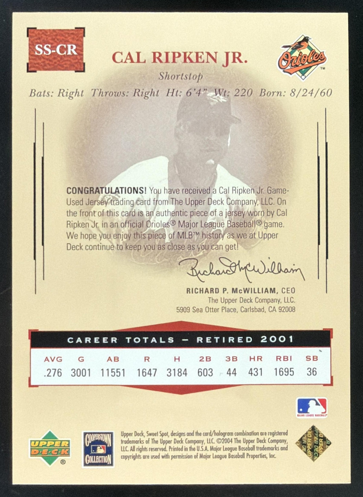 2004 Upper Deck Sweet Spot Classic Cal Ripken Jr. Jersey /275