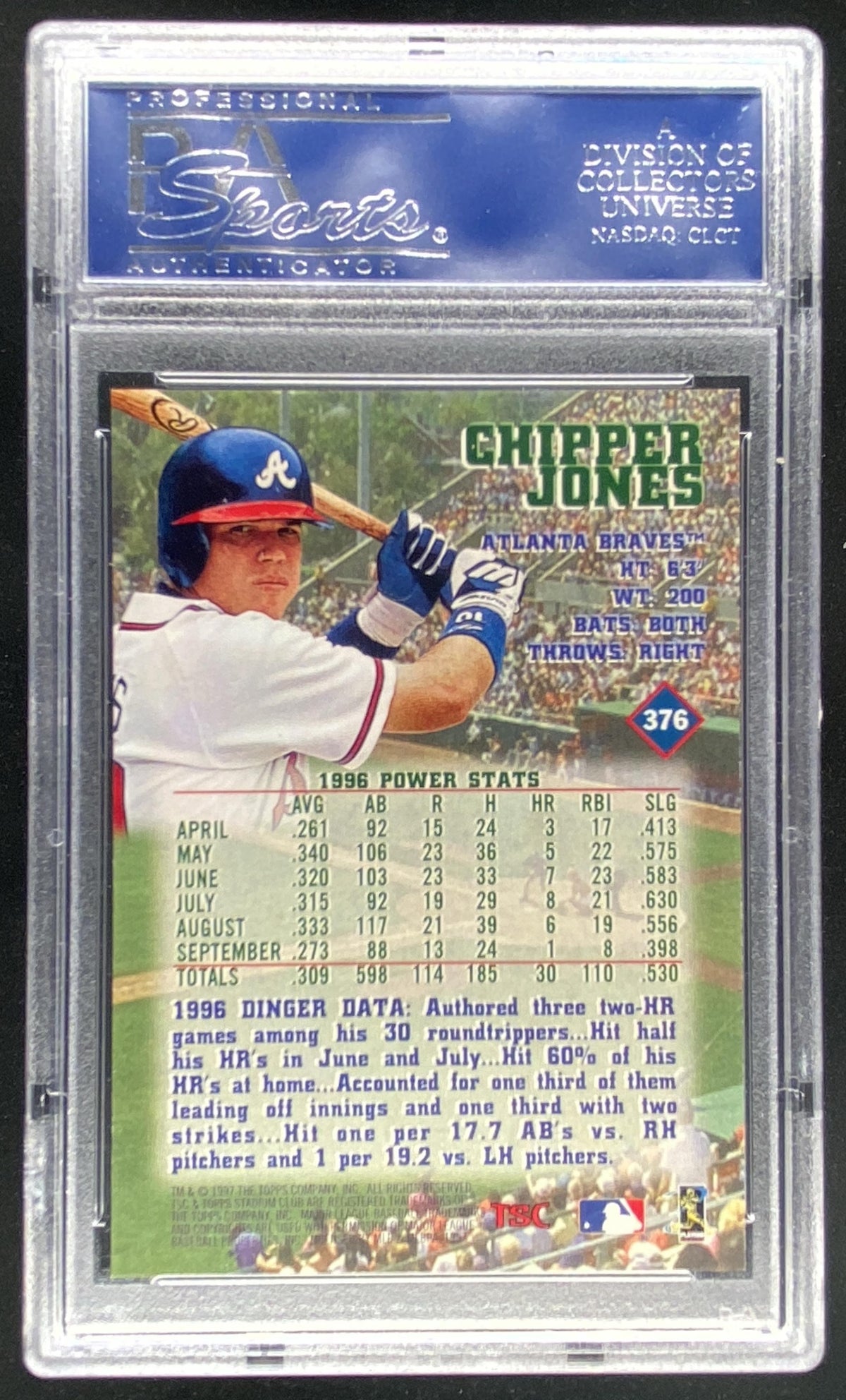 1997 Topps Stadium Club Chipper Jones #376 graded PSA 10 trading card