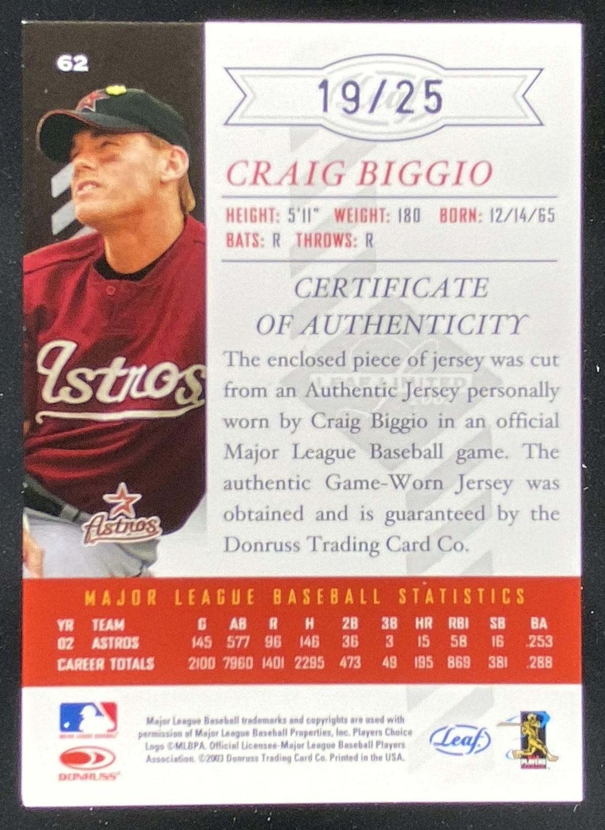 2003 Leaf Limited Craig Biggio #62 trading card
