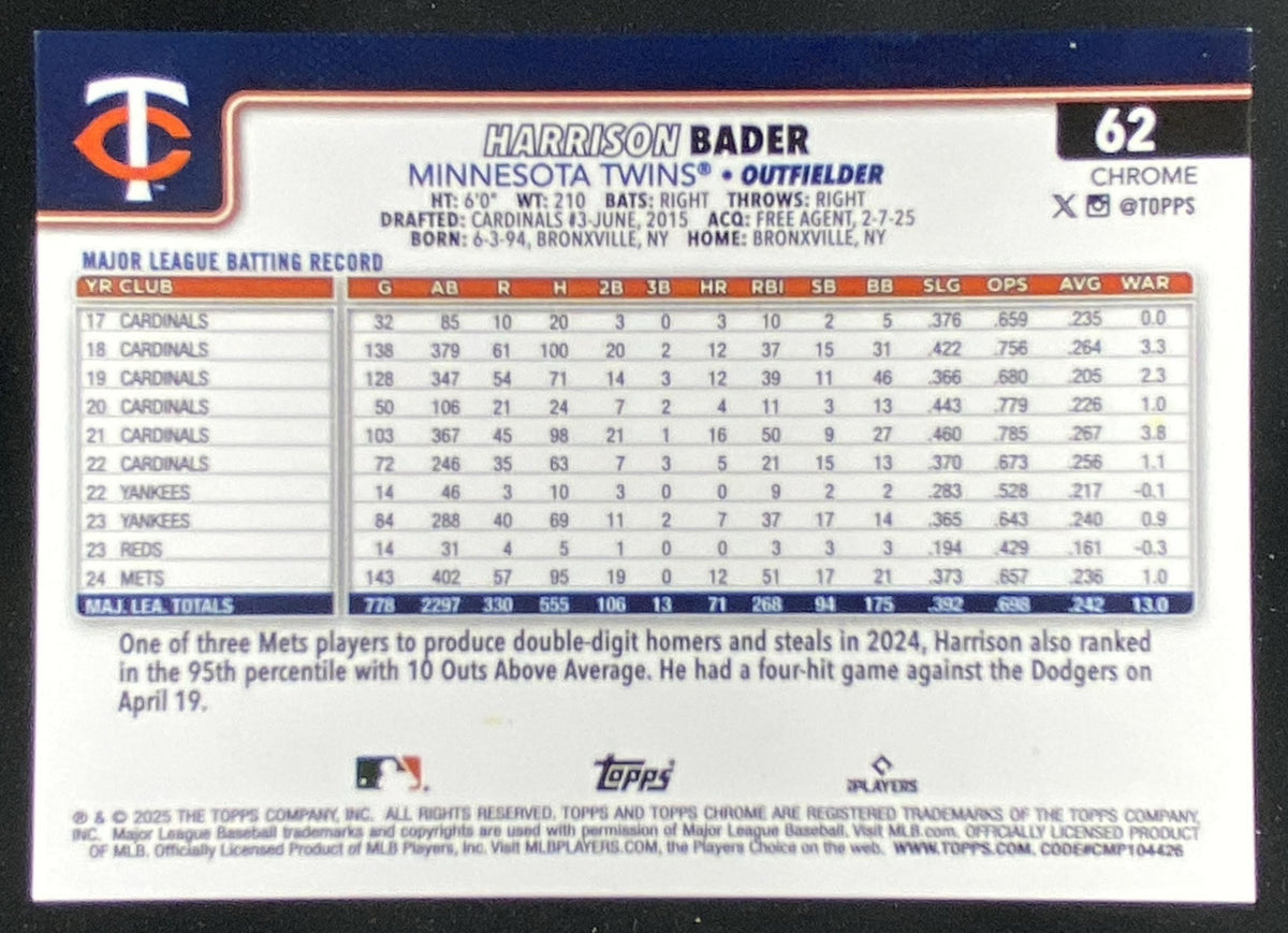 2025 Topps Chrome Harrison Bader #62 trading card
