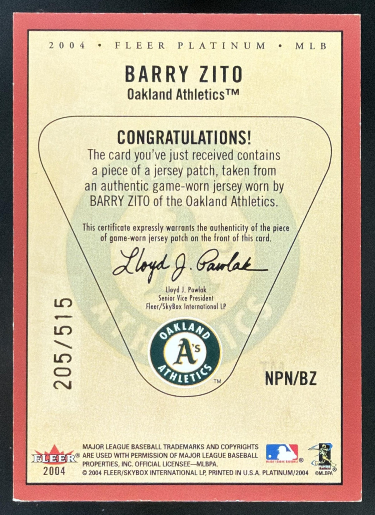 2004 Fleer Platinum Nameplates Barry Zito Patch /515