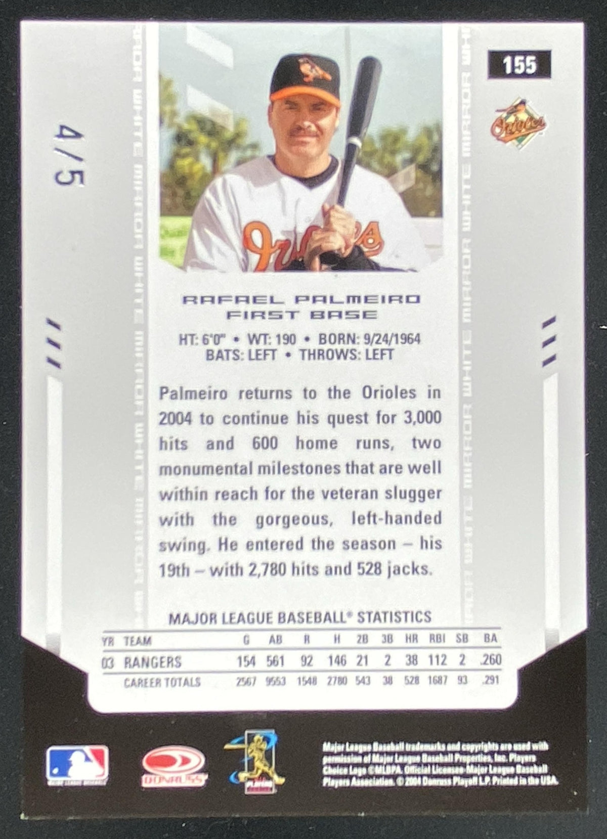 2004 Leaf Certified Materials Rafael Palmeiro #155 trading card