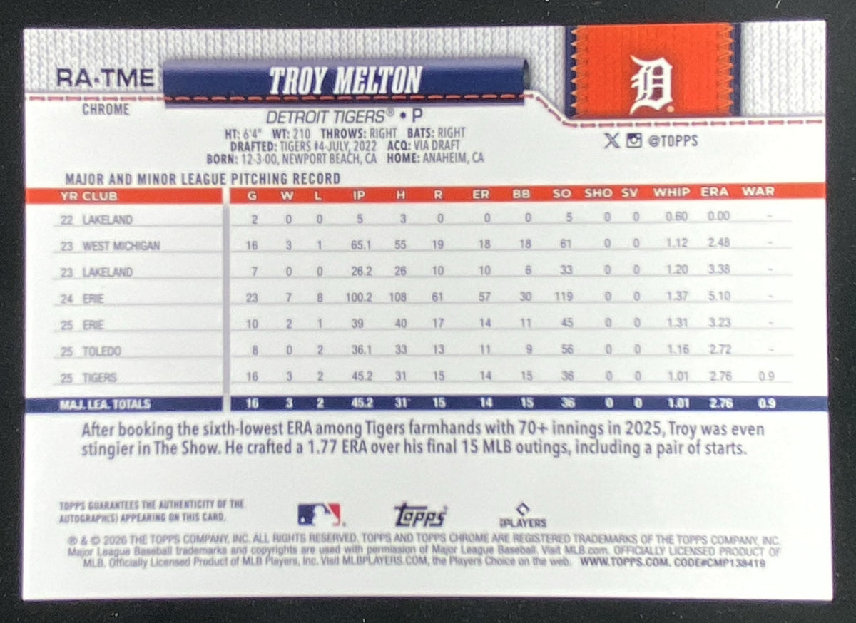 2026 Topps Chrome Troy Melton #RA-TME trading card