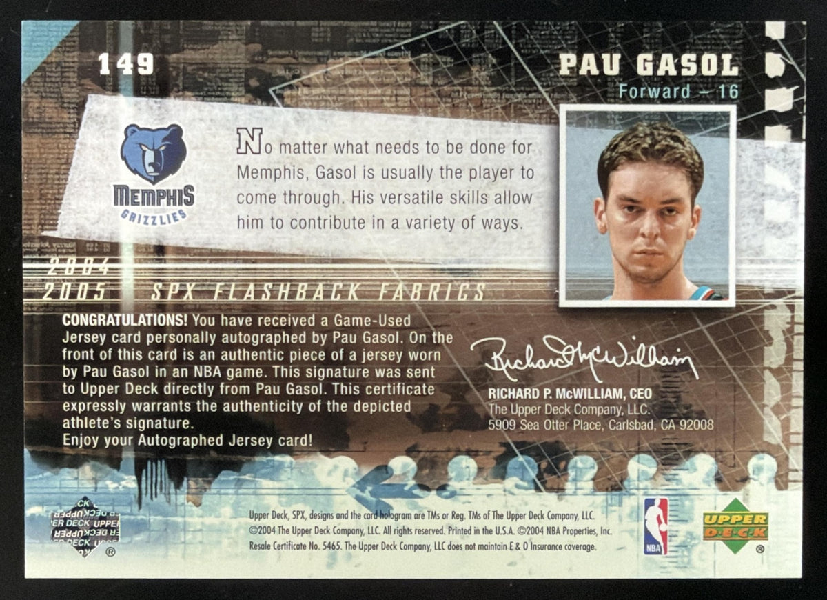2004 SPx Flashback Fabrics Pau Gasol Jersey Auto
