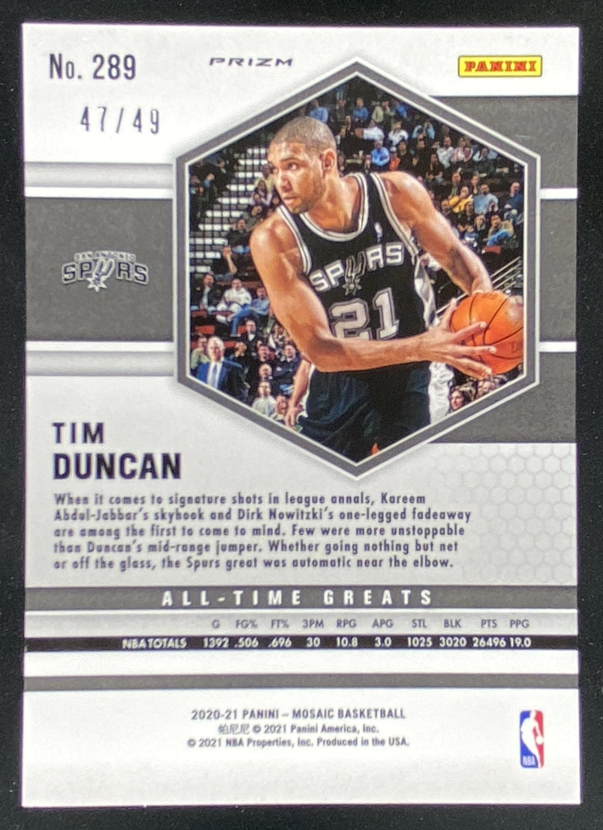2020 Panini Mosaic Tim Duncan trading card