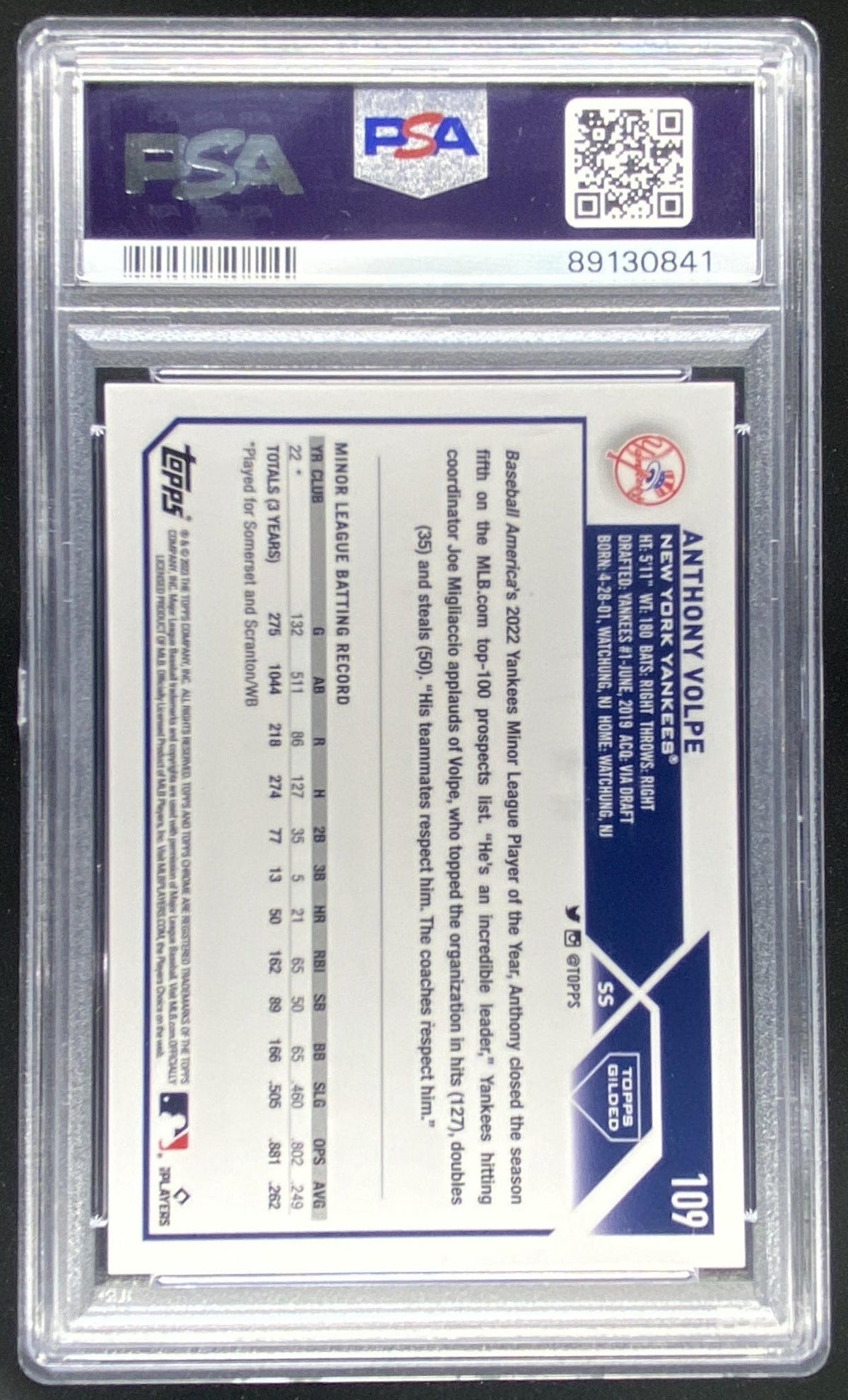 2023 Topps Gilded Collection Anthony Volpe #109 graded PSA 9 trading card