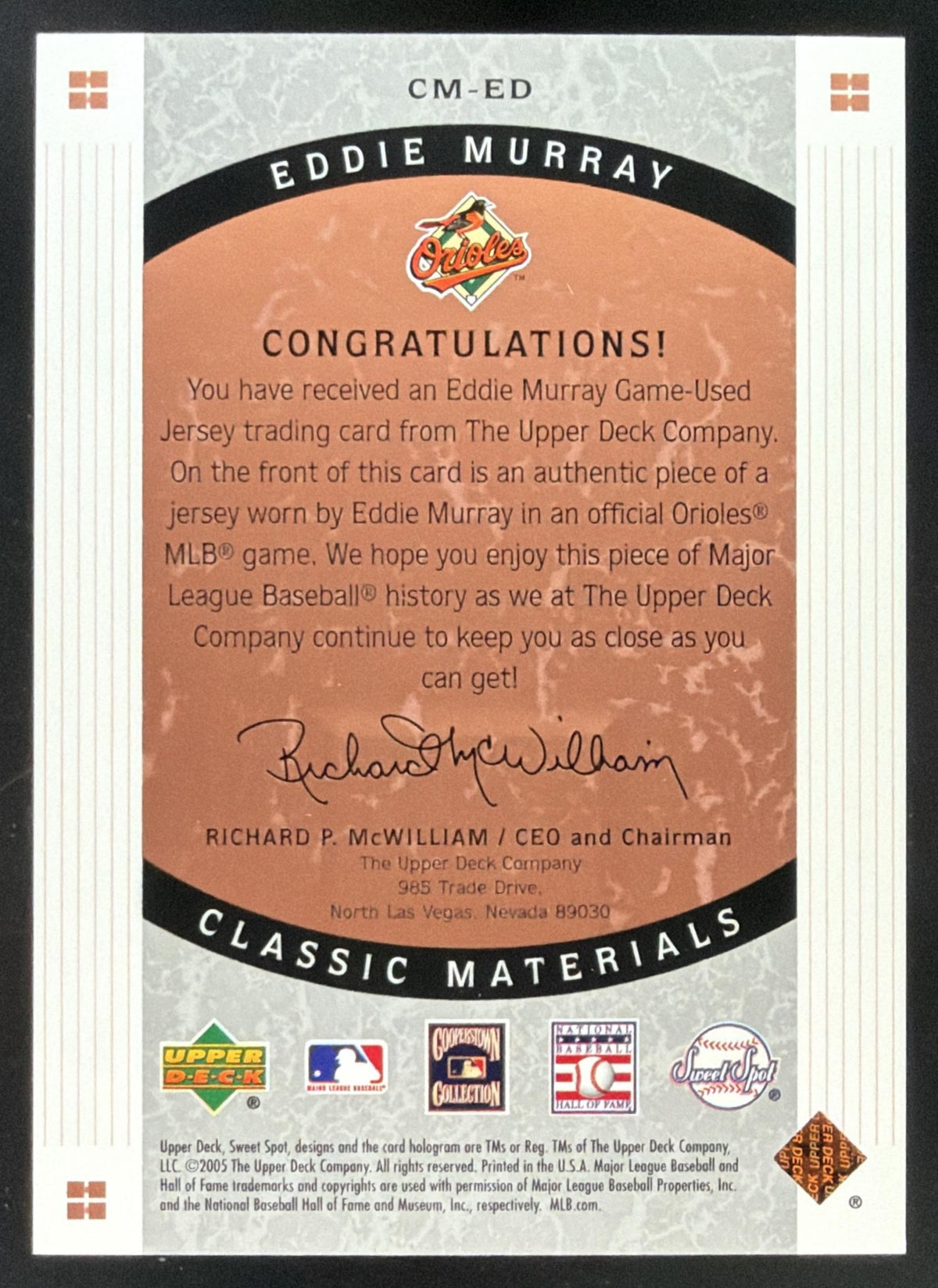 2005 Upper Deck Sweet Spot Classic Eddie Murray Jersey