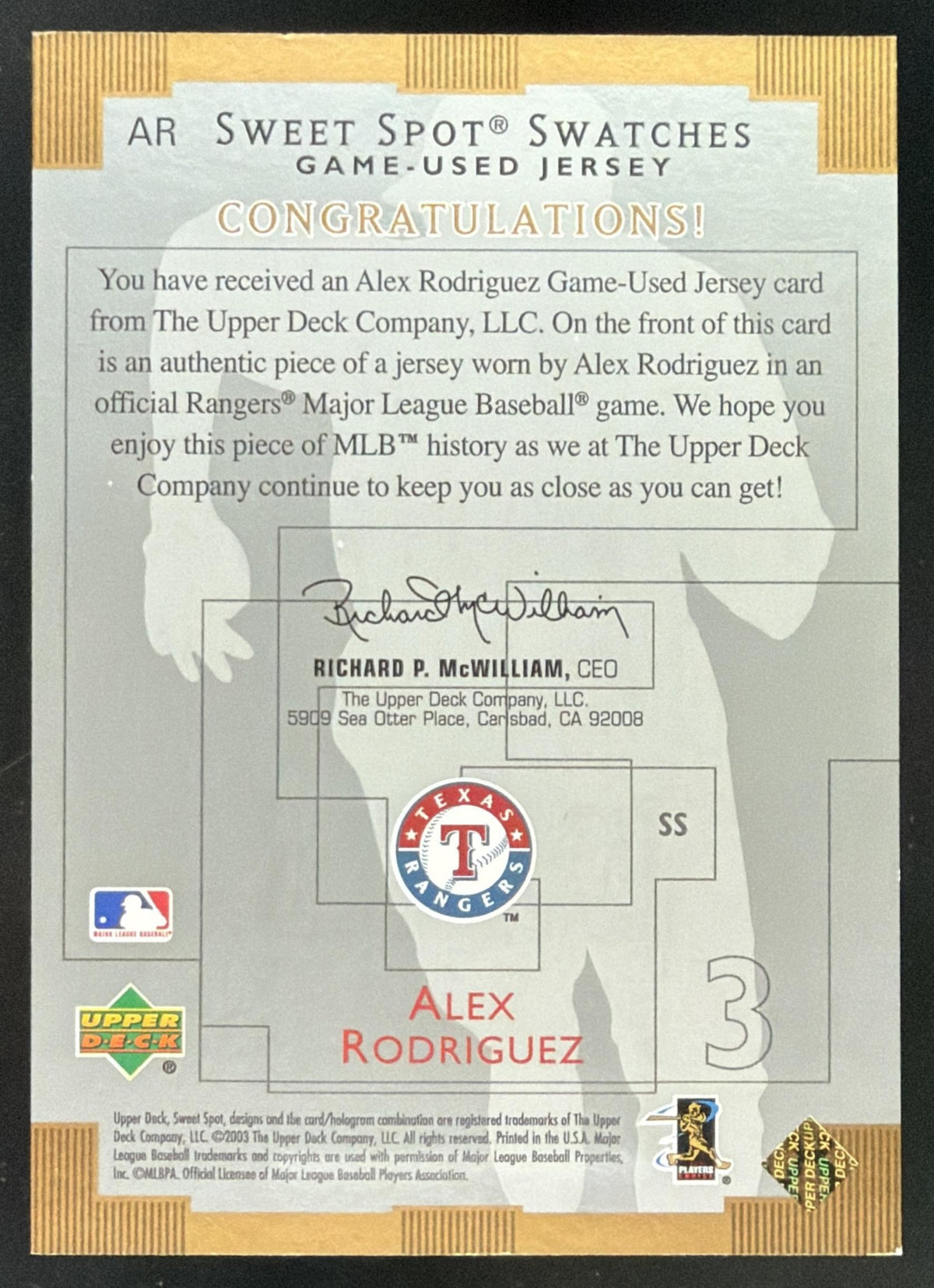 2003 Upper Deck Sweet Spot Alex Rodriguez Jersey