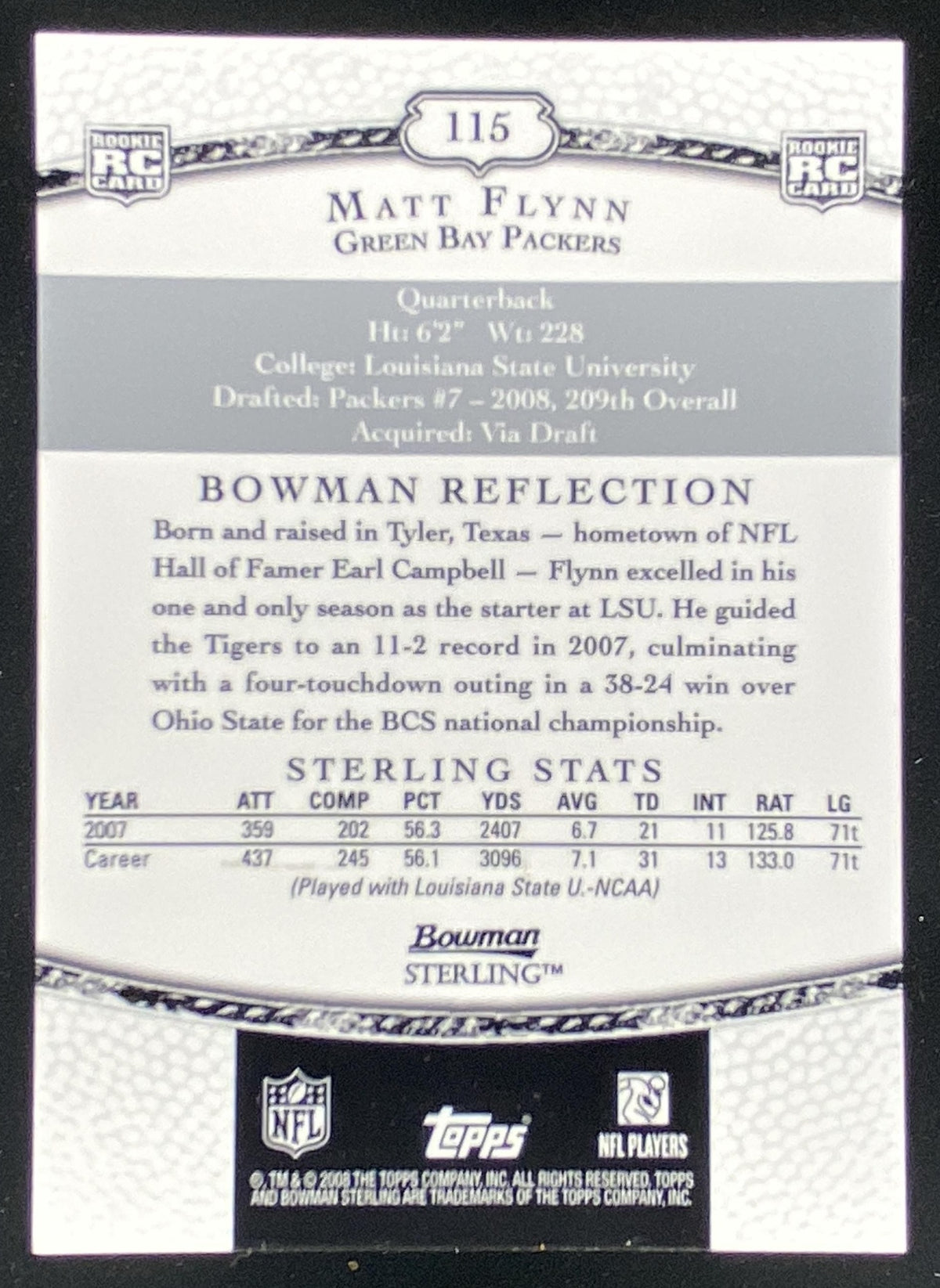 2008 Bowman Sterling Matt Flynn #115 trading card