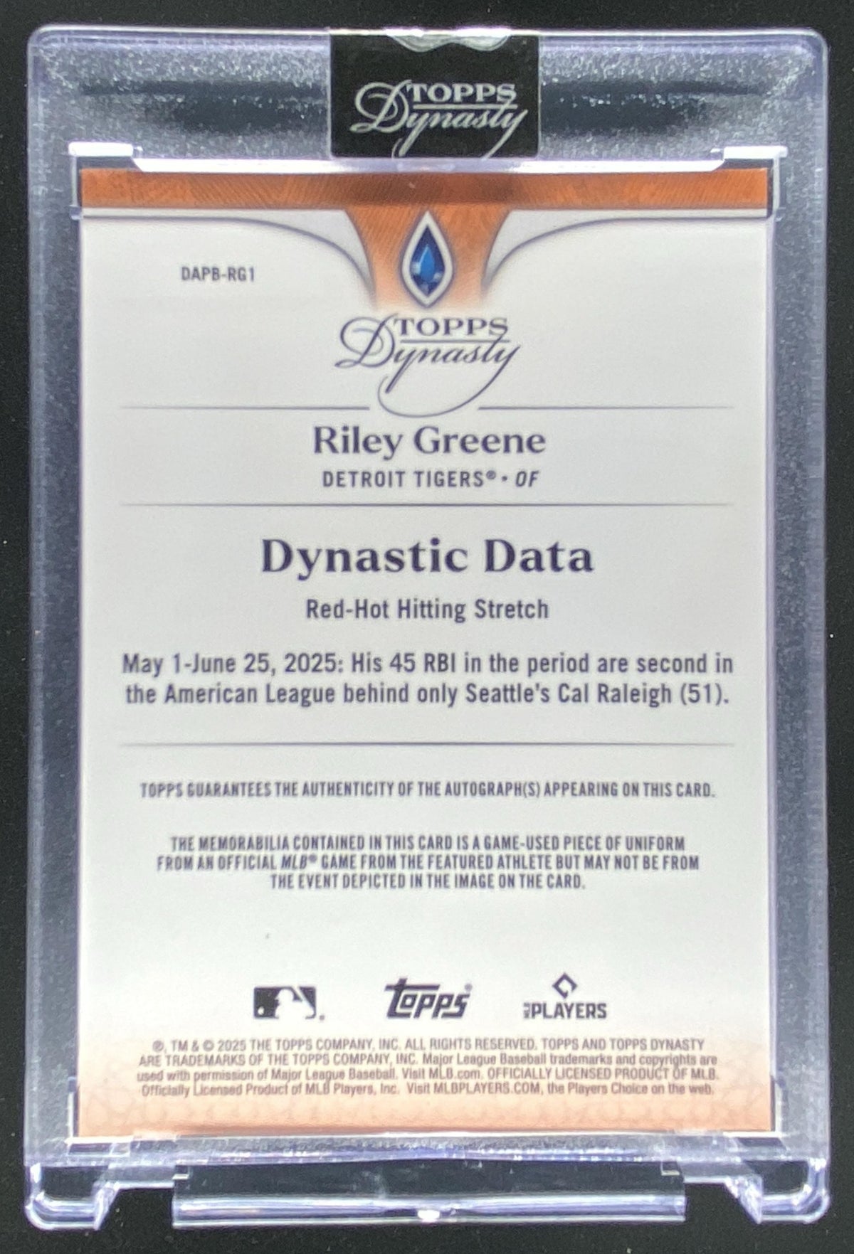 2025 Topps Dynasty Riley Greene #DAPB-RG1 trading card