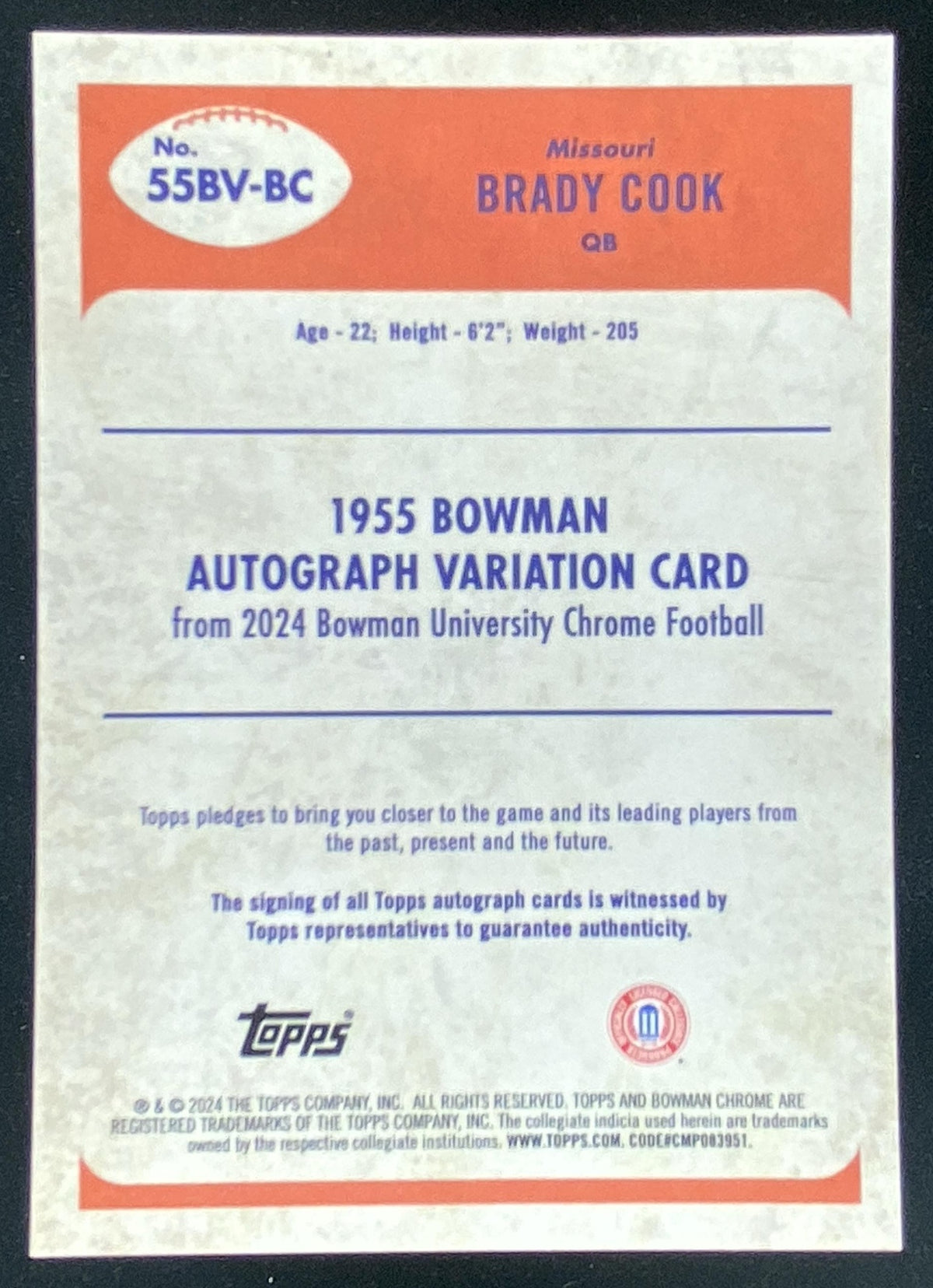 2024 Bowman Chrome University Brady Cook #55BV-BC trading card