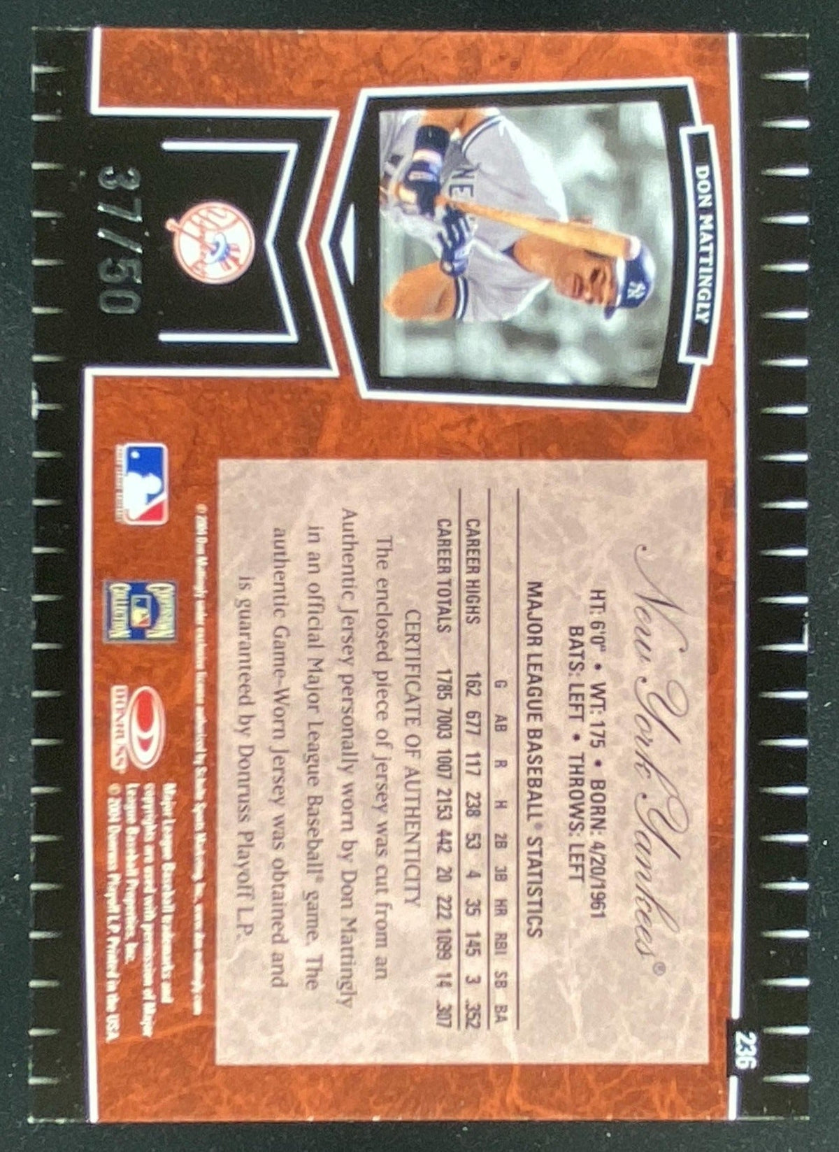 2004 Leaf Certified Cuts Don Mattingly #236 trading card