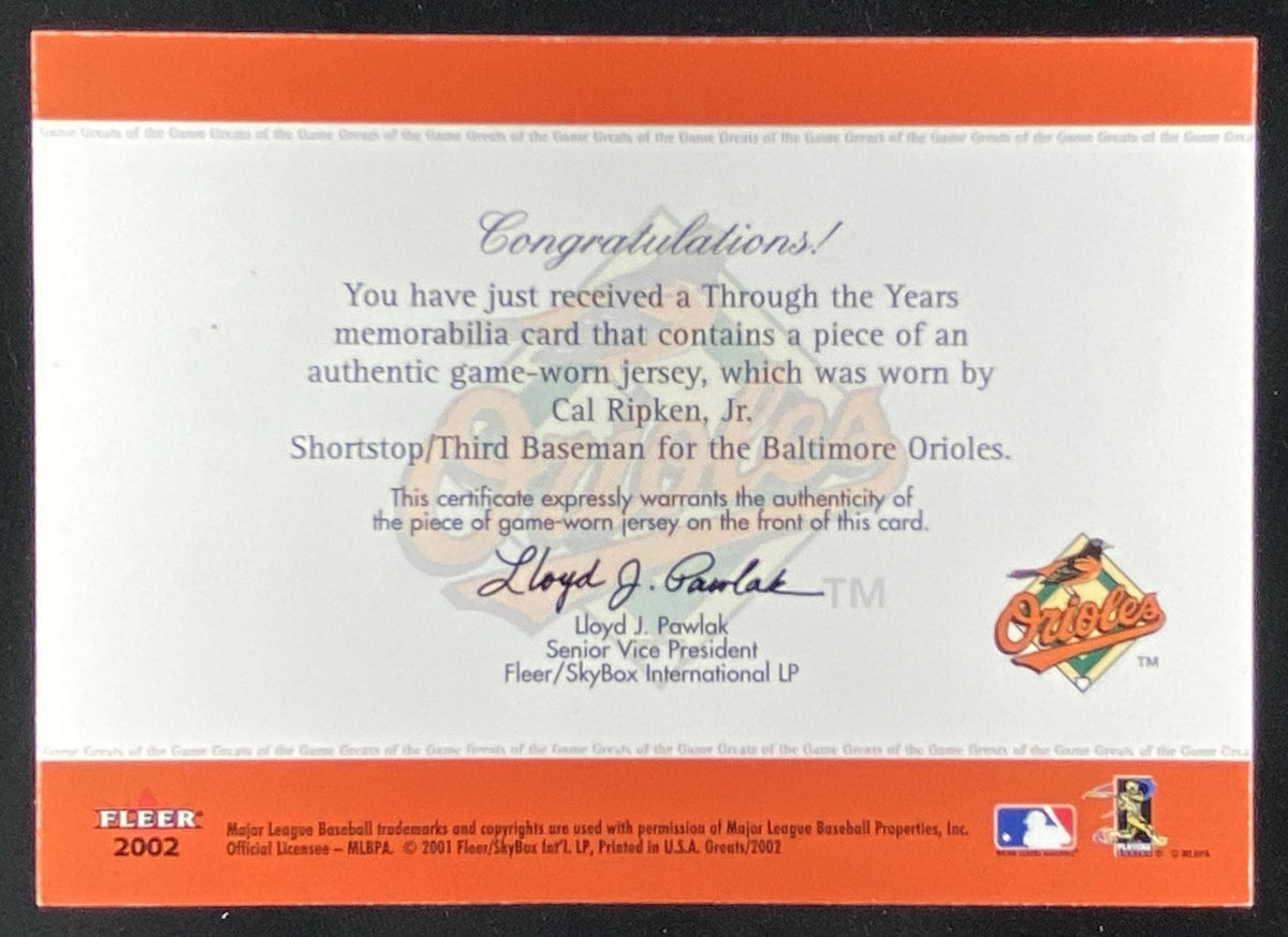 2002 Fleer Greats of the Game Cal Ripken Jr. trading card