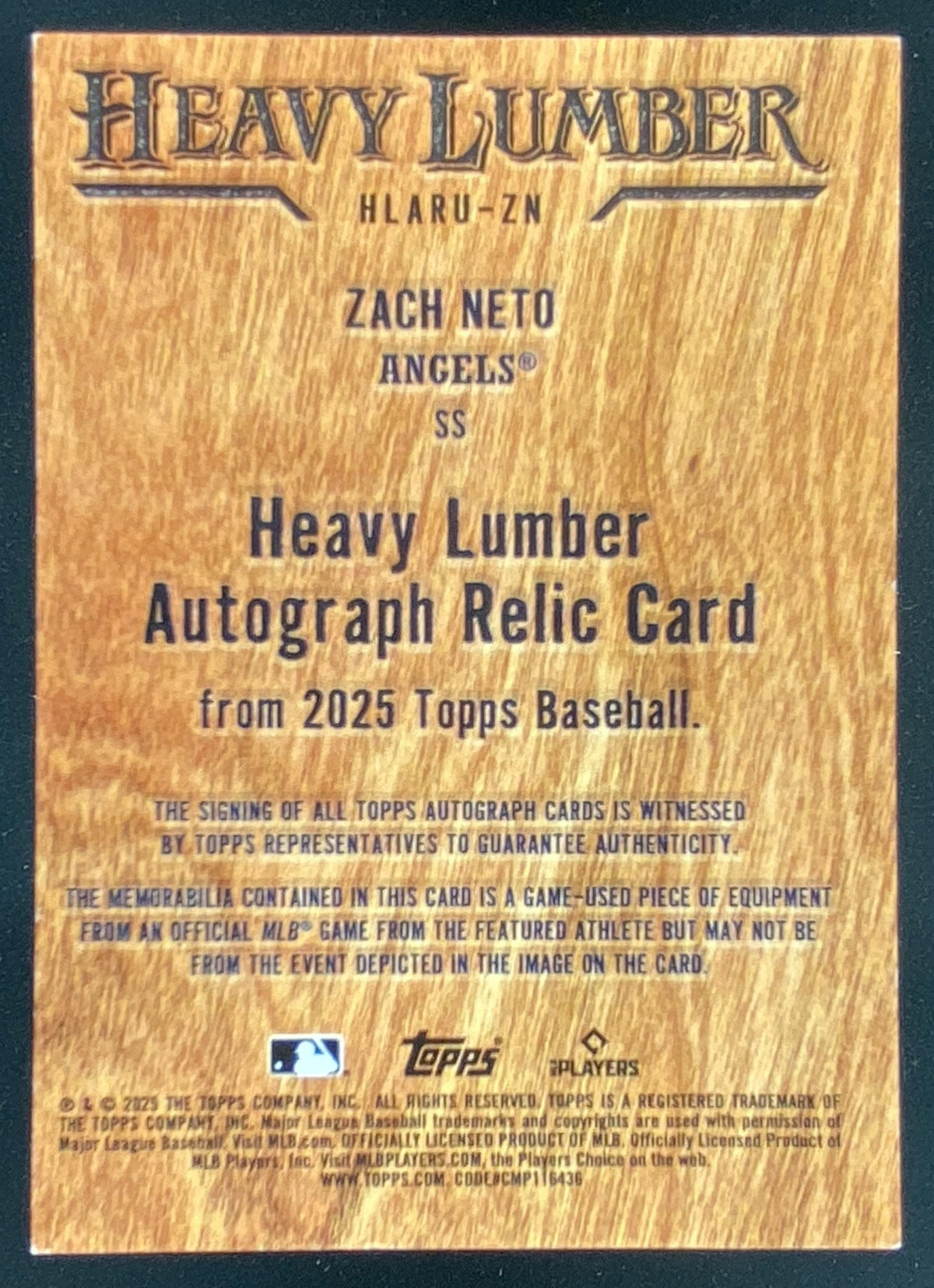 2025 Topps Update Zach Neto #HLARU-ZN trading card