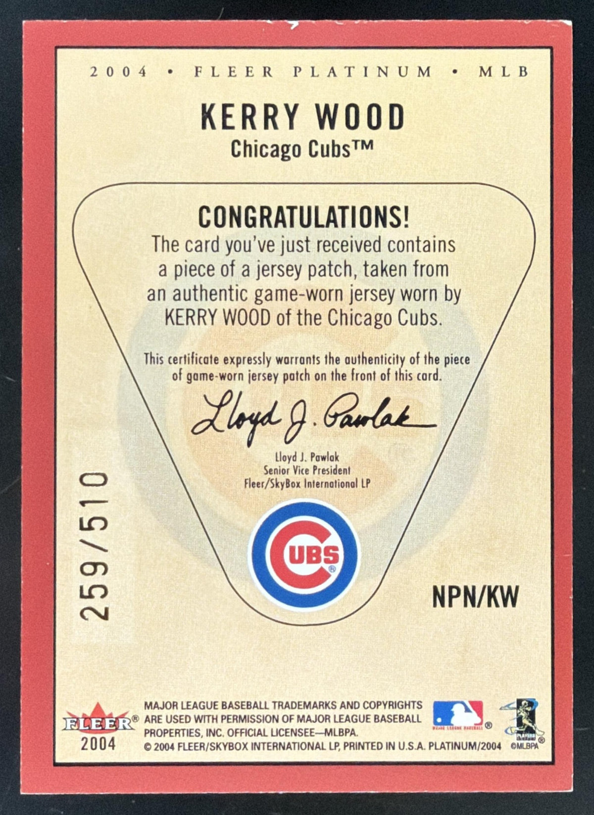 2004 Fleer Platinum Nameplates Kerry Wood Patch /510