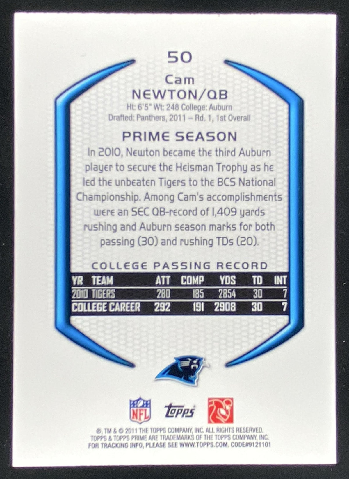 2011 Topps Prime Cam Newton #50 trading card