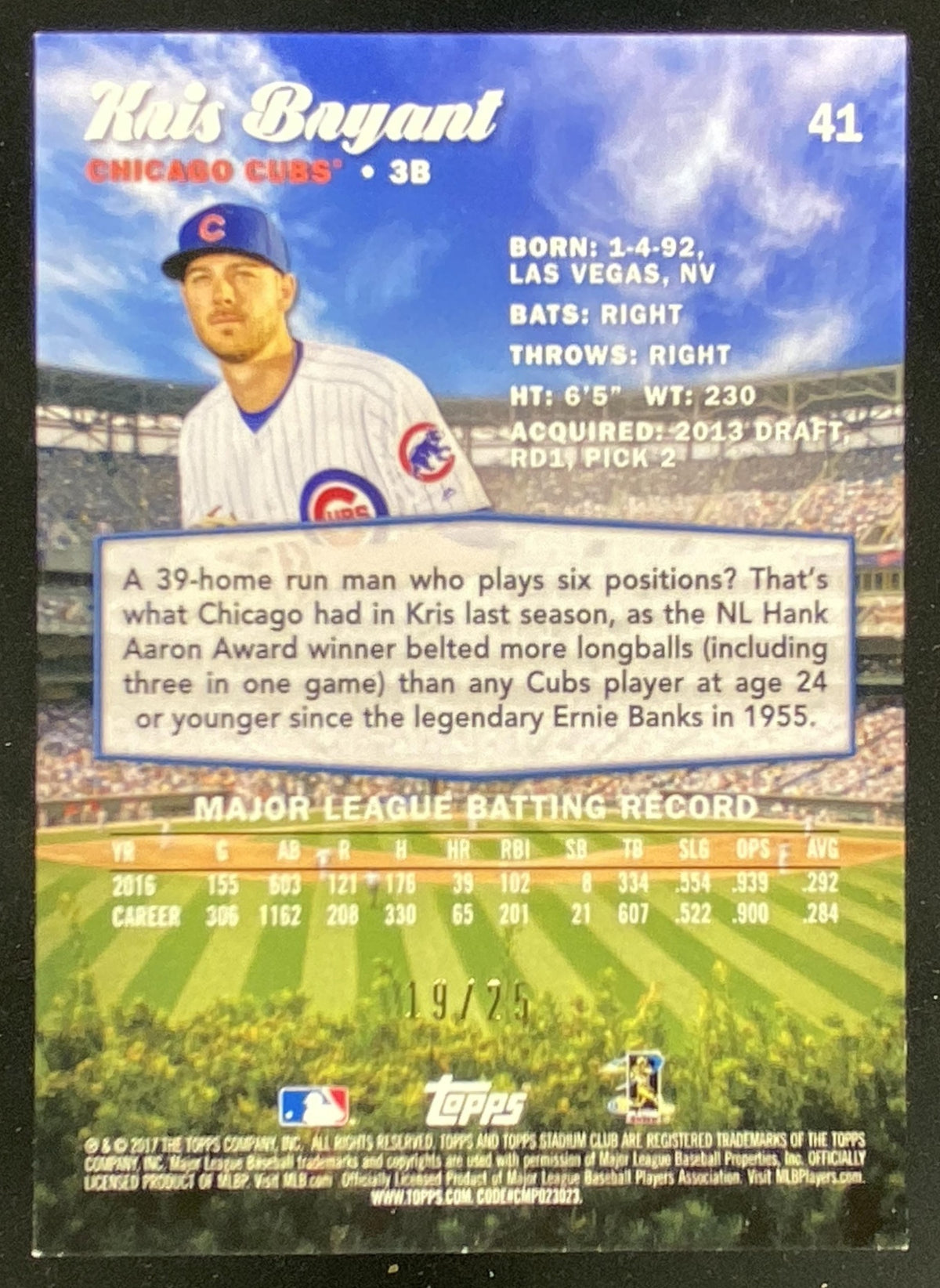 2017 Topps Stadium Club Kris Bryant #41 trading card