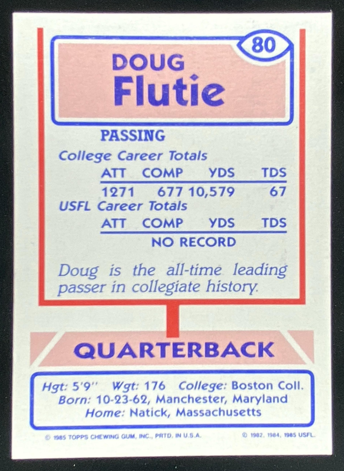 1985 Topps USFL Doug Flutie #80 trading card