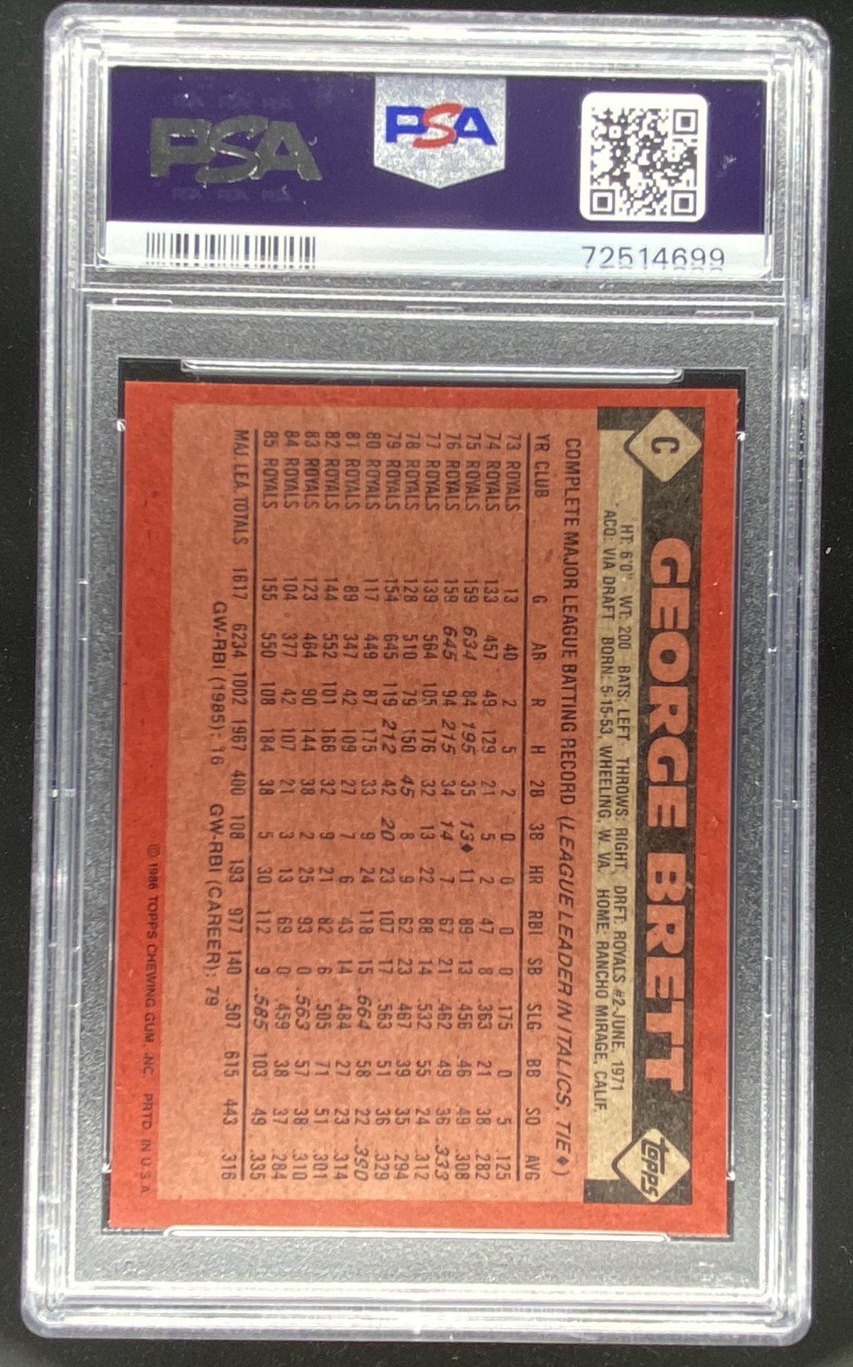 1986 Topps George Brett #C PSA authenticated trading card