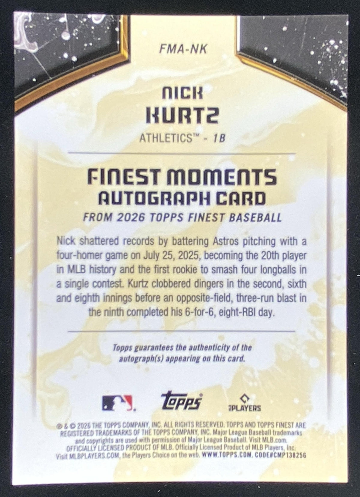 2026 Topps Finest Nick Kurtz #FMA-NK trading card