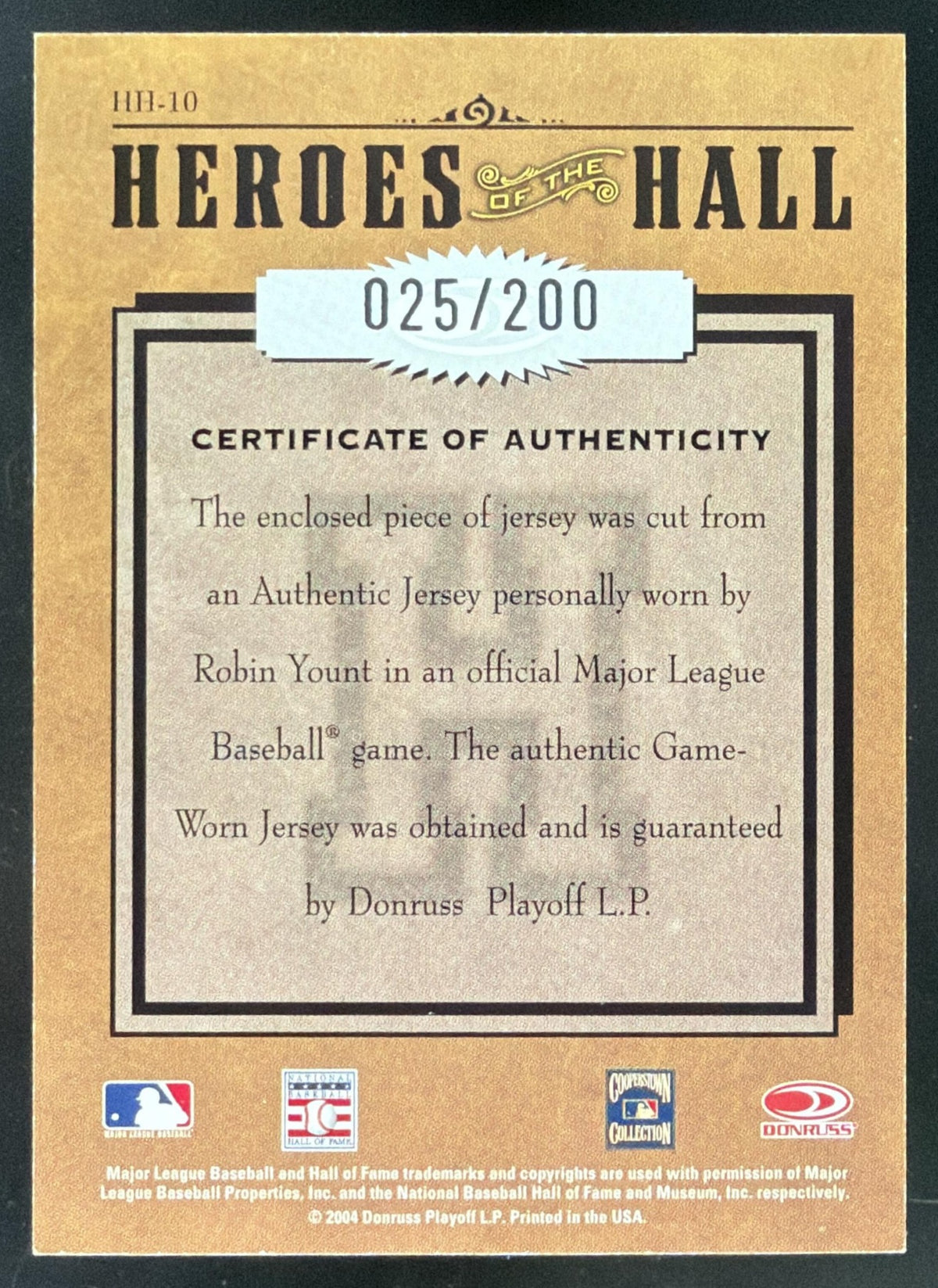 2004 Donruss Studio Heroes of the Hall Robin Yount Jersey /200