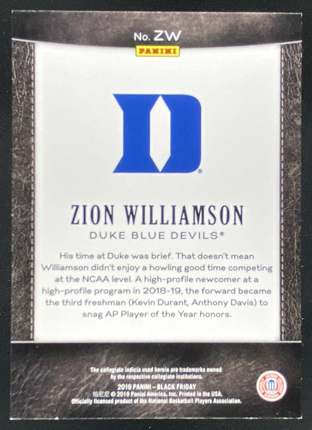 2019 Panini Black Friday Zion Williamson #ZW trading card