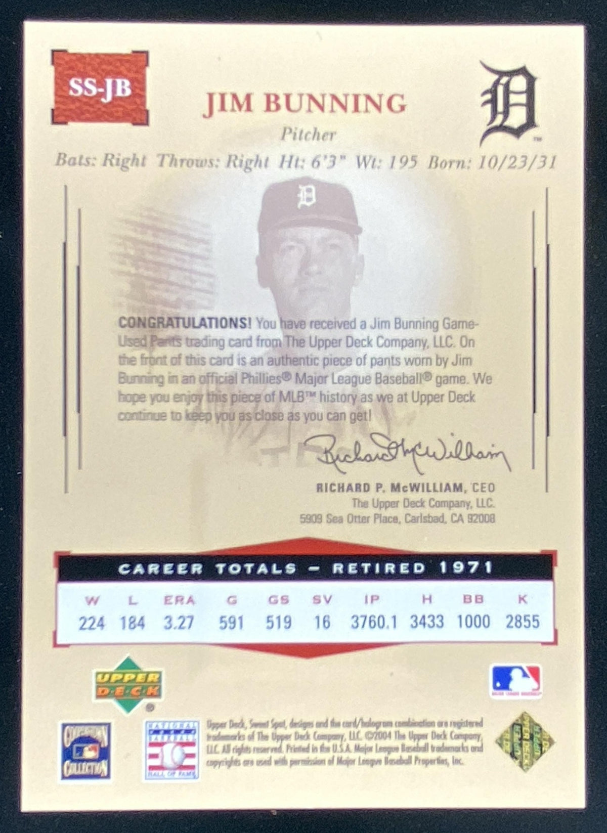 2004 Upper Deck Sweet Spot Classic Jim Bunning trading card
