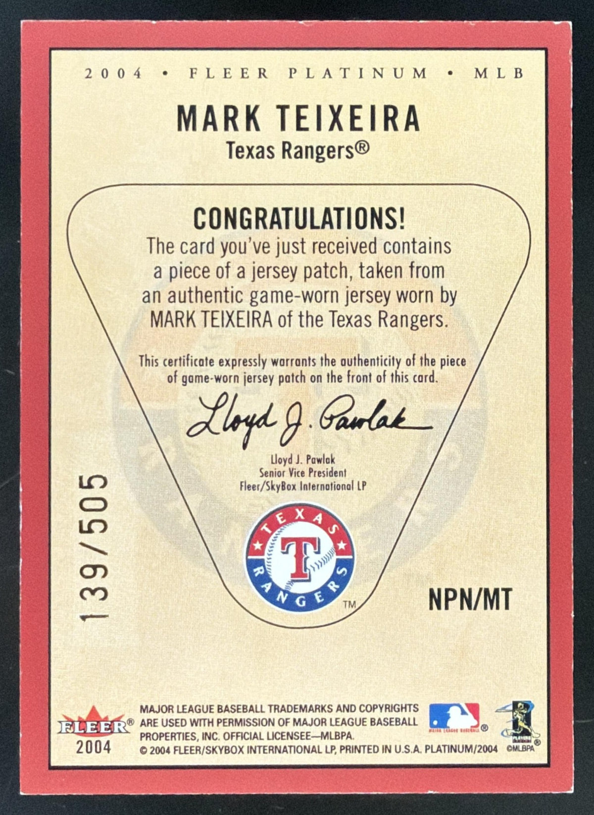 2004 Fleer Platinum Nameplates Mark Teixeira Patch /505