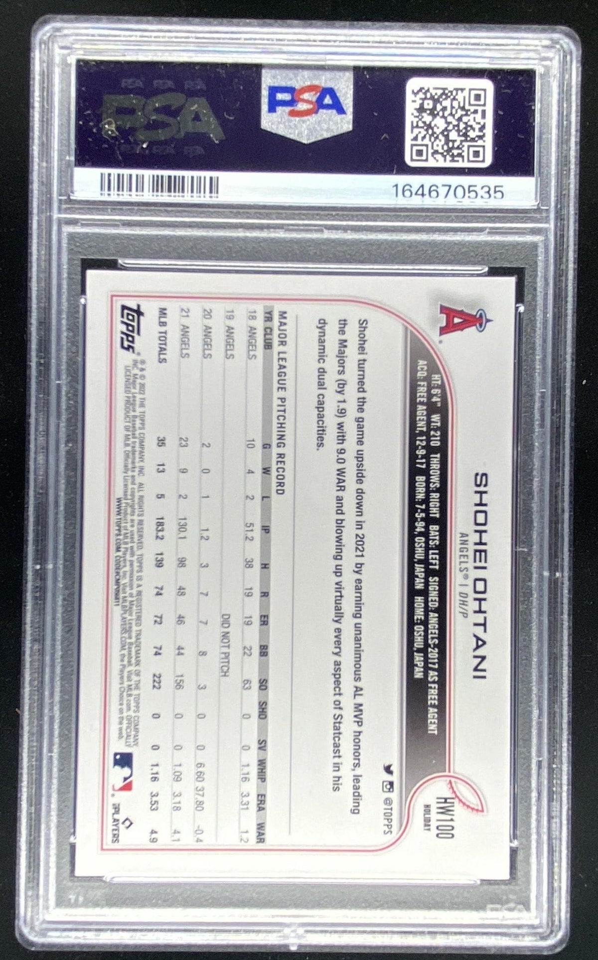 2022 Topps Holiday Shohei Ohtani #HW100 graded PSA 10 trading card