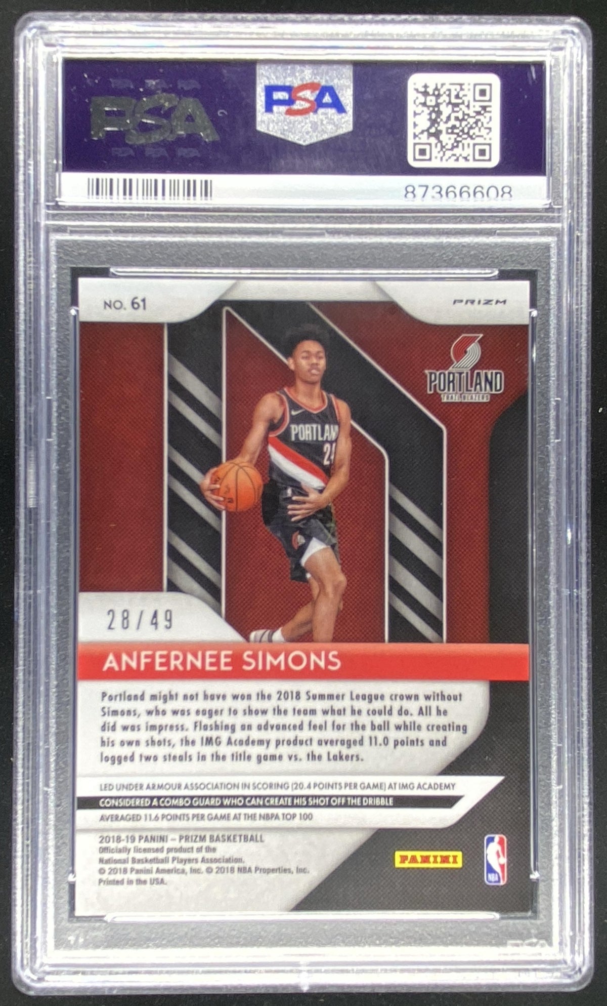 2018 Panini Prizm Anfernee Simons #61 graded PSA 10 trading card