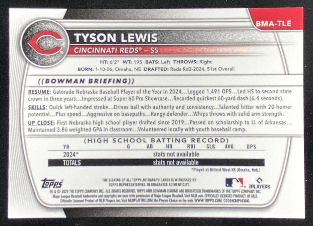 2025 Bowman Tyson Lewis #BMA-TLE trading card