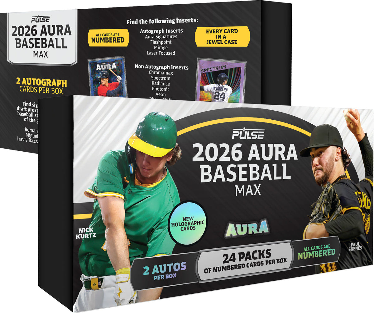 2026 Pulse Aura Baseball Max Box featuring 24 individually wrapped packs and 2 autographs
2026 Pulse Aura Baseball Max individually wrapped trading card pack
2026 Pulse Aura Baseball holographic trading card featuring premium artwork
2026 Pulse Aura Baseball autograph card from the Max Edition collection
2026 Pulse Aura Baseball serial-numbered trading card
2026 Pulse Aura Baseball encased collectible card in a display-ready jewel case
