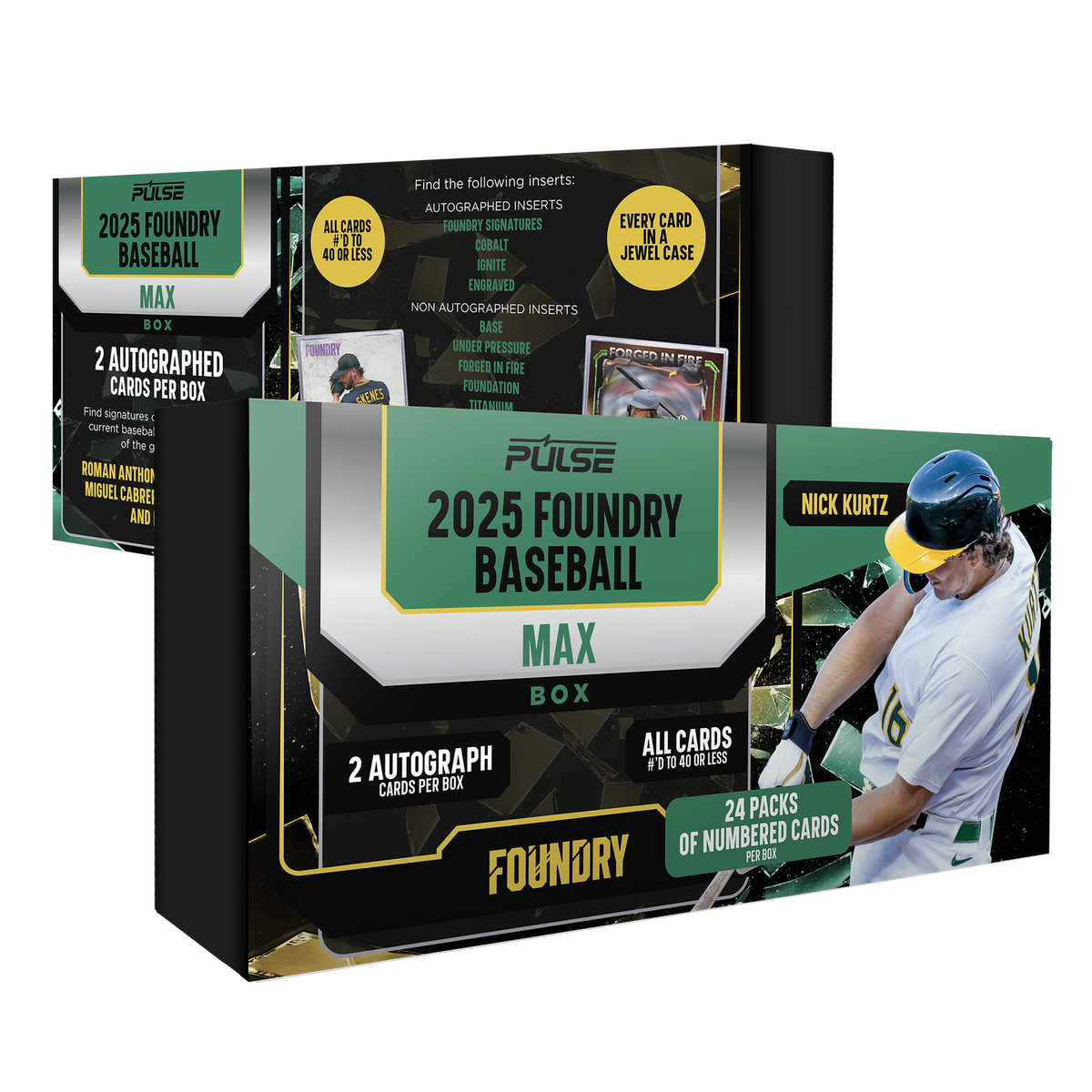 2025 Pulse Foundry Baseball Booster Box featuring 2 autographs per box
2025 Pulse Foundry Baseball premium autograph trading card
2025 Pulse Foundry Baseball serial-numbered trading card limited to 40 copies or fewer
2025 Pulse Foundry Baseball collectible card protected in a jewel case
2025 Pulse Foundry Baseball featured player checklist including Paul Skenes and Roman Anthony