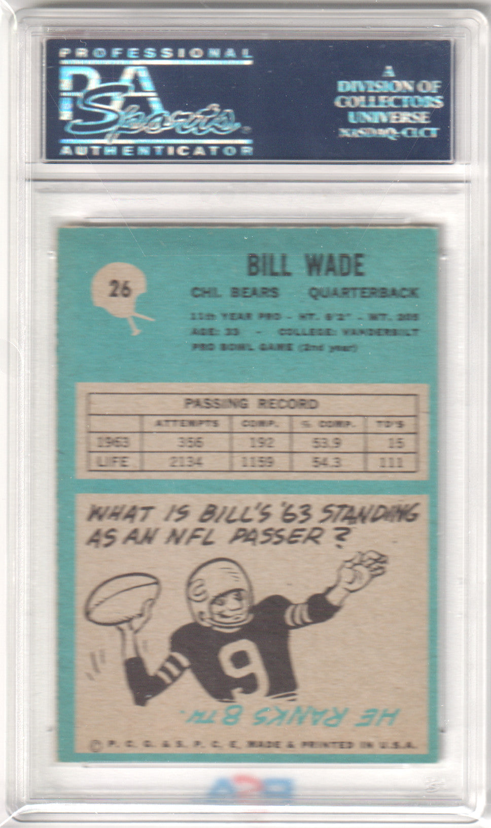 BILL WADE 1964 Philadelphia #26 PSA 7 NM - BEARS