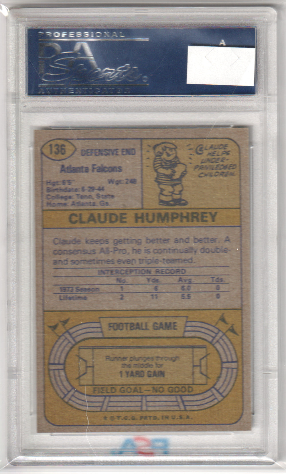 CLAUDE HUMPHREY 1974 Topps #136 PSA 9 MINT - FALCONS