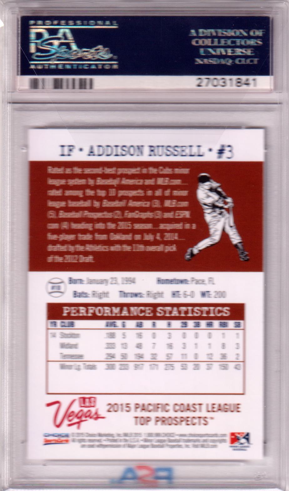 ADDISON RUSSELL 2015 Choice PCL Top Prospects #10 PSA 10 GEM MINT - CUBS POP 9 - Columbia Hobby - Sports Card Boxes - Toploaders - Card Savers