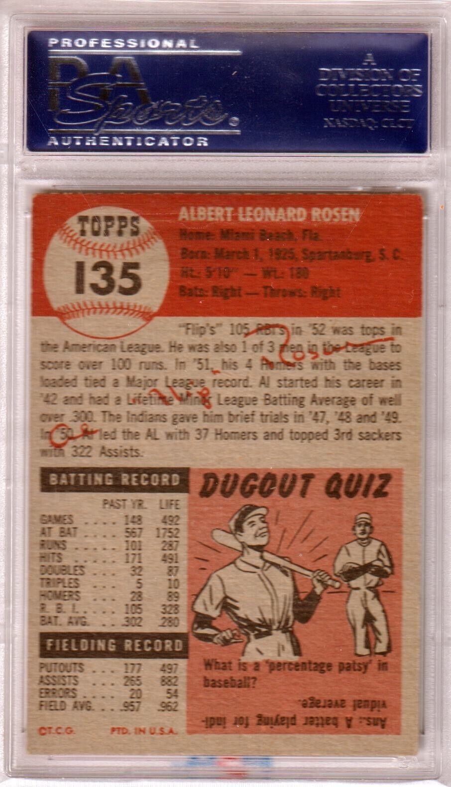AL ROSEN 1953 Topps #135 PSA 5.5 EX+ - INDIANS - Columbia Hobby - Sports Card Boxes - Toploaders - Card Savers